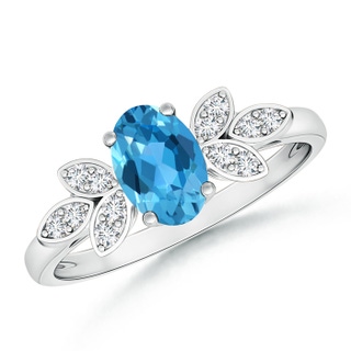 7x5mm AAA Vintage Style Oval Swiss Blue Topaz Ring with Diamond Accents in White Gold