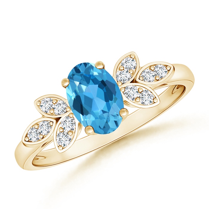 7x5mm AAA Vintage Style Oval Swiss Blue Topaz Ring with Diamond Accents in Yellow Gold
