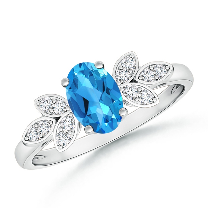 7x5mm AAAA Vintage Style Oval Swiss Blue Topaz Ring with Diamond Accents in P950 Platinum 