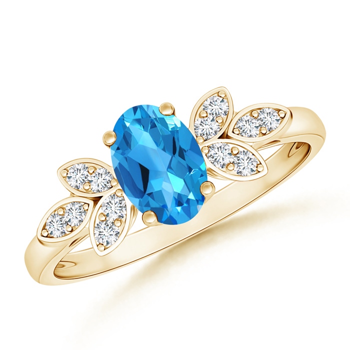 7x5mm AAAA Vintage Style Oval Swiss Blue Topaz Ring with Diamond Accents in Yellow Gold 