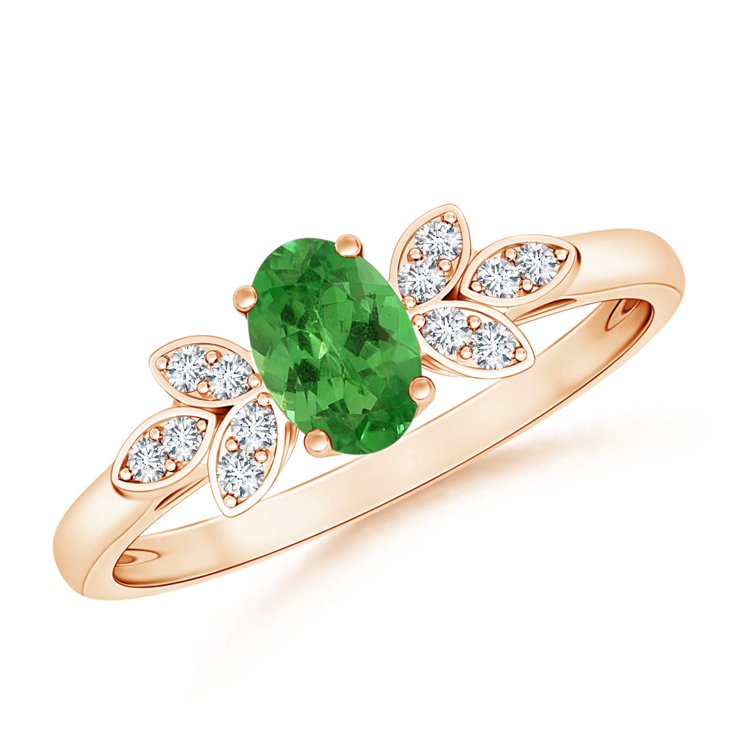 6x4mm AA Vintage Style Oval Tsavorite Ring with Diamond Accents in Rose Gold