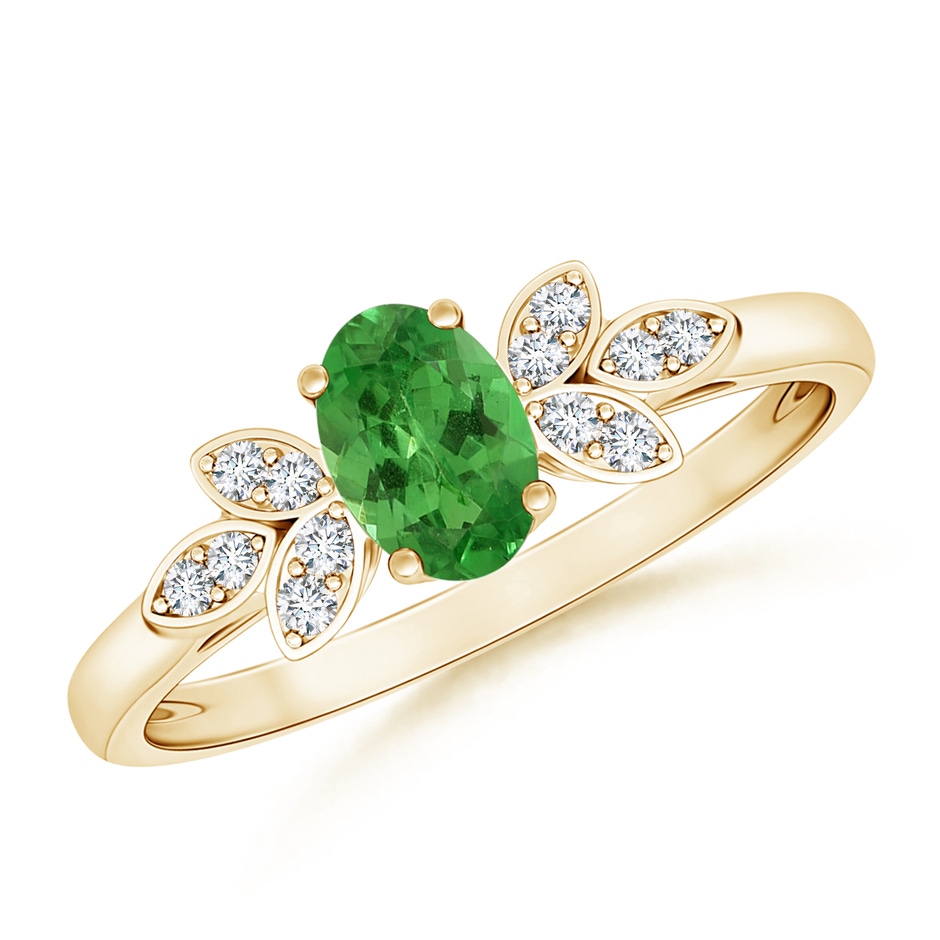 6x4mm AA Vintage Style Oval Tsavorite Ring with Diamond Accents in Yellow Gold 