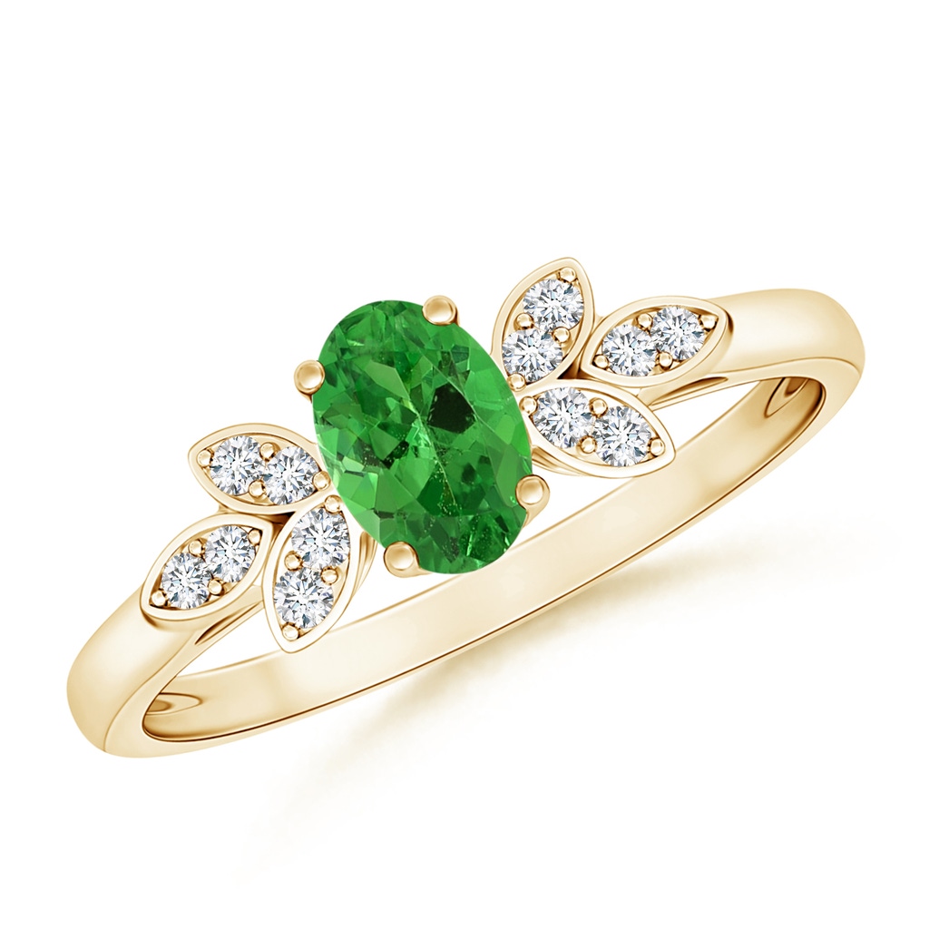 6x4mm AAA Vintage Style Oval Tsavorite Ring with Diamond Accents in 10K Yellow Gold