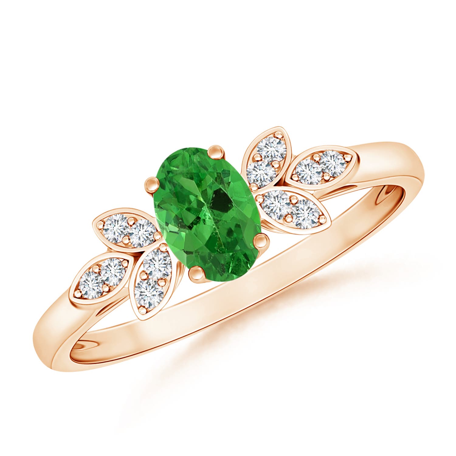 6x4mm AAA Vintage Style Oval Tsavorite Ring with Diamond Accents in Rose Gold