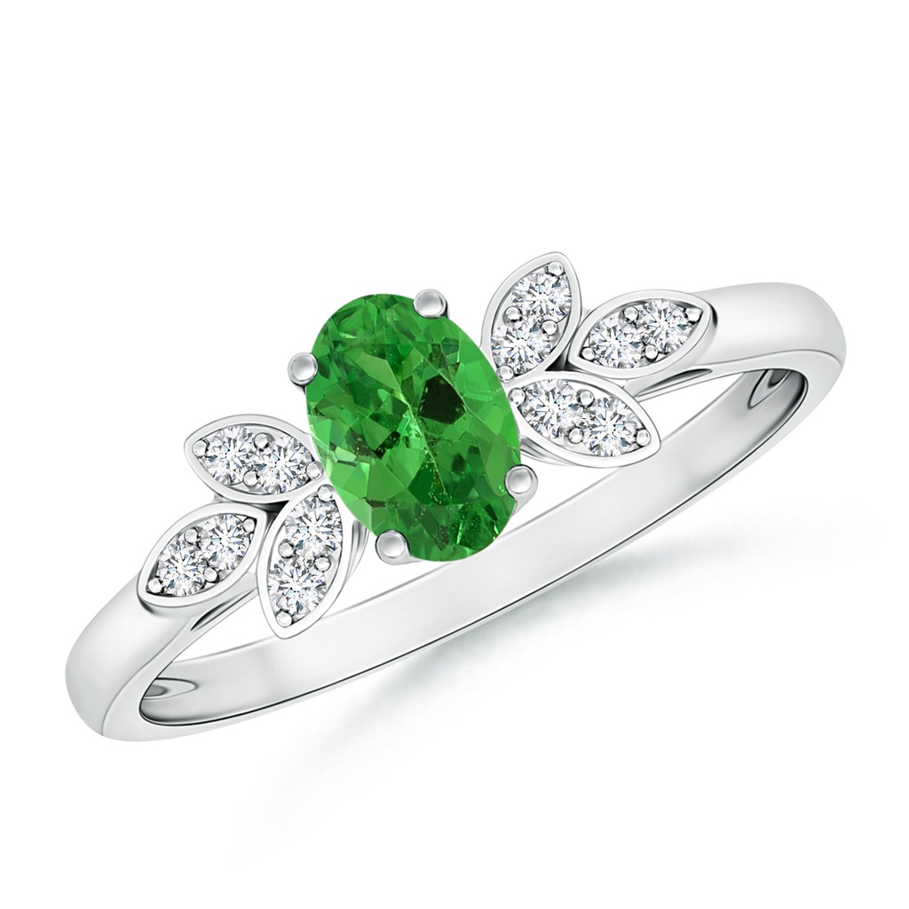 6x4mm AAA Vintage Style Oval Tsavorite Ring with Diamond Accents in White Gold