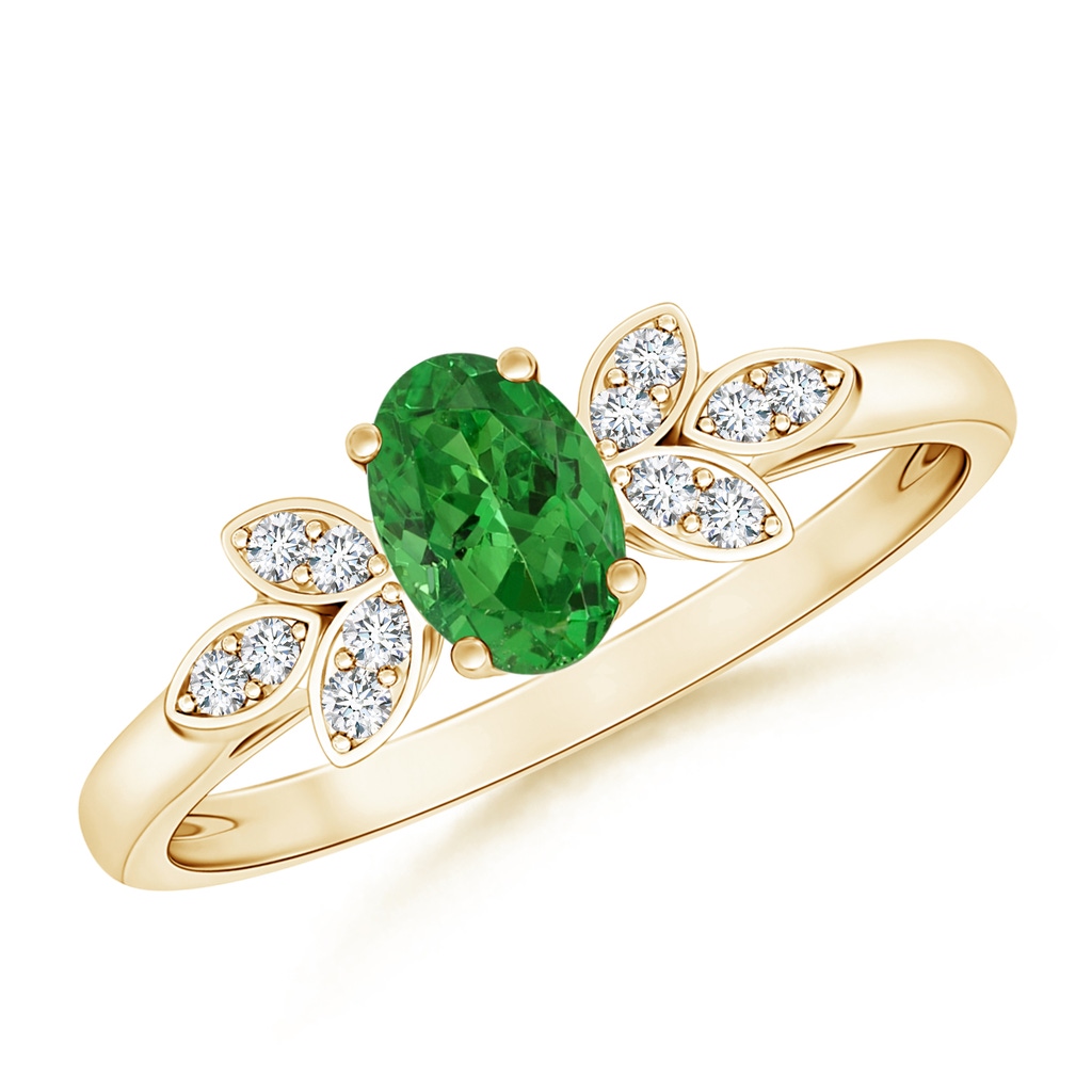 6x4mm AAAA Vintage Style Oval Tsavorite Ring with Diamond Accents in Yellow Gold