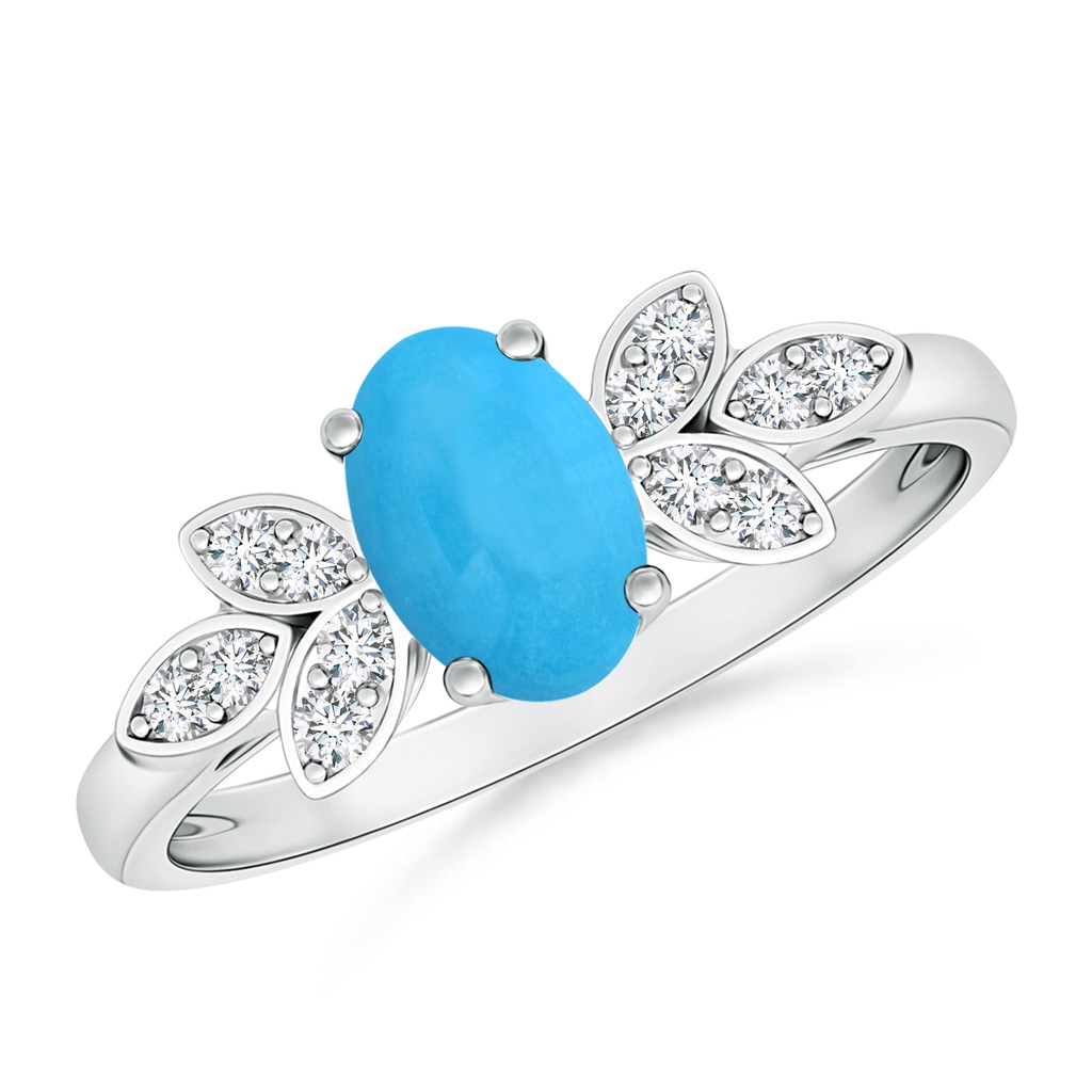 7x5mm AAA Vintage Style Oval Turquoise Ring with Diamond Accents in White Gold