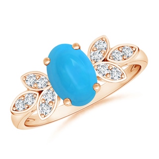 8x6mm AAAA Vintage Style Oval Turquoise Ring with Diamond Accents in Rose Gold