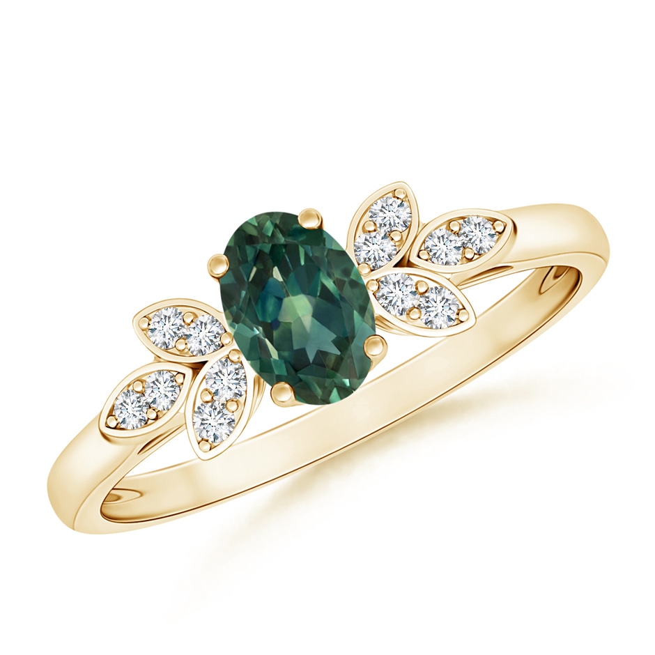 6x4mm AA Vintage Style Oval Teal Montana Sapphire Ring with Diamond Accents in 10K Yellow Gold 
