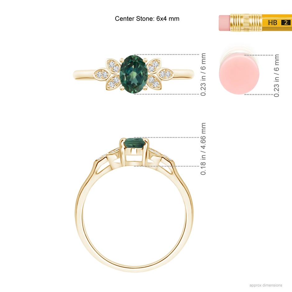 6x4mm AA Vintage Style Oval Teal Montana Sapphire Ring with Diamond Accents in 10K Yellow Gold ruler
