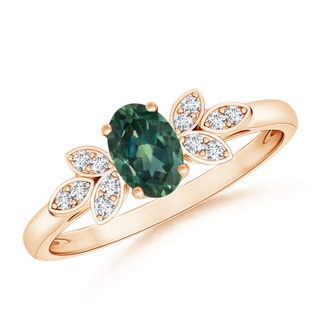 6x4mm AA Vintage Style Oval Teal Montana Sapphire Ring with Diamond Accents in Rose Gold