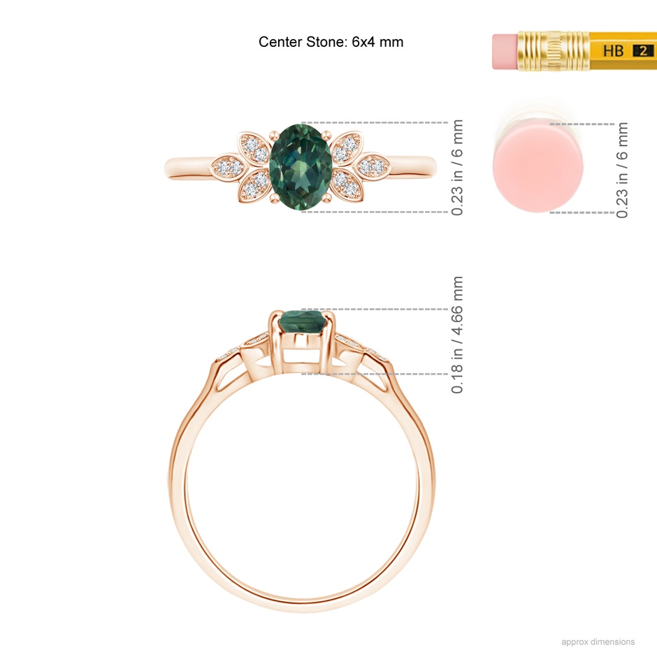6x4mm AA Vintage Style Oval Teal Montana Sapphire Ring with Diamond Accents in Rose Gold ruler