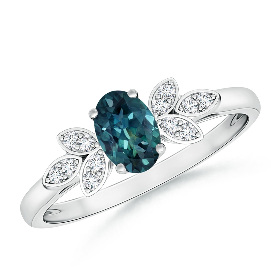 6x4mm AAA Vintage Style Oval Teal Montana Sapphire Ring with Diamond Accents in 10K White Gold 