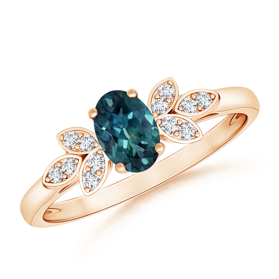 6x4mm AAA Vintage Style Oval Teal Montana Sapphire Ring with Diamond Accents in 9K Rose Gold 