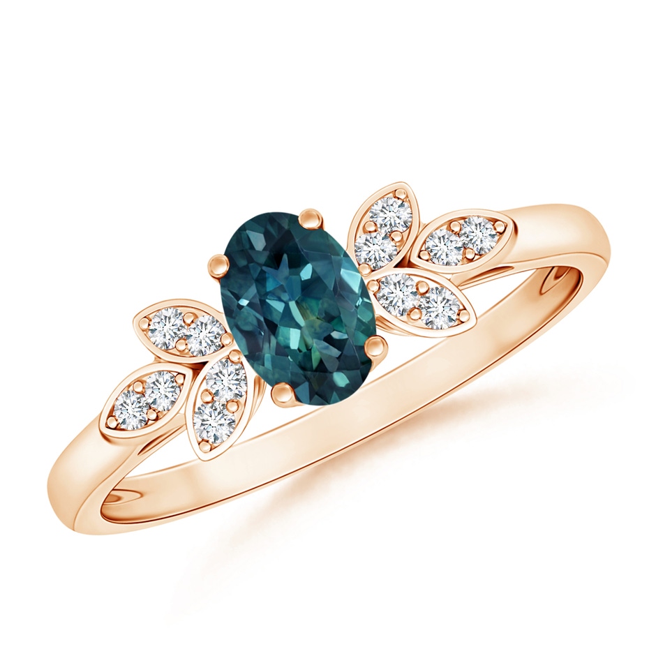 6x4mm AAA Vintage Style Oval Teal Montana Sapphire Ring with Diamond Accents in Rose Gold 