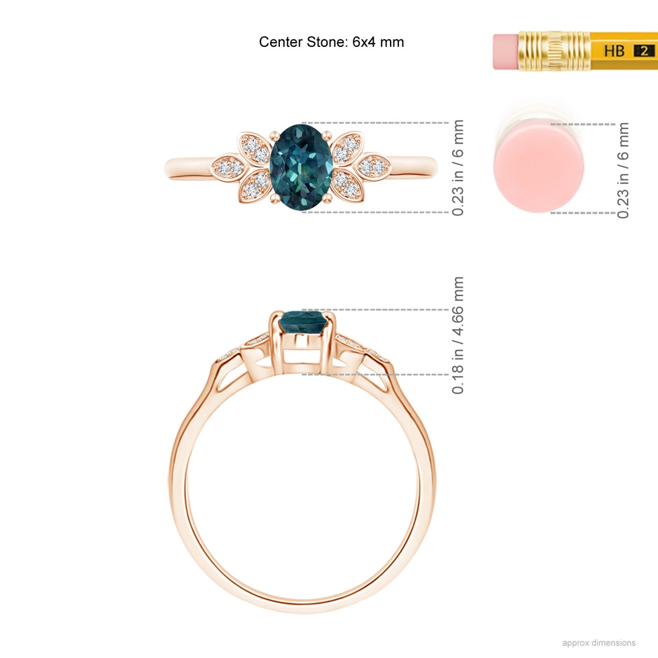 6x4mm AAA Vintage Style Oval Teal Montana Sapphire Ring with Diamond Accents in Rose Gold ruler