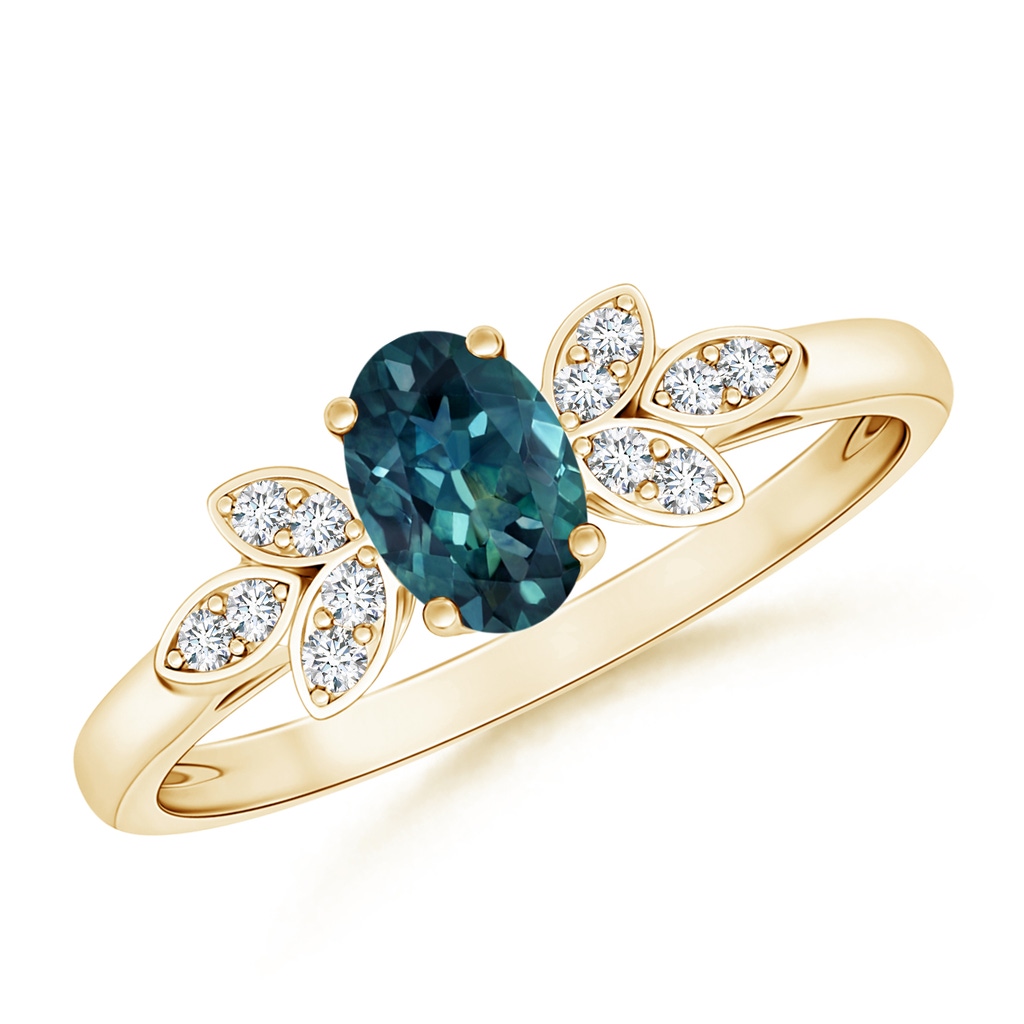 6x4mm AAA Vintage Style Oval Teal Montana Sapphire Ring with Diamond Accents in Yellow Gold