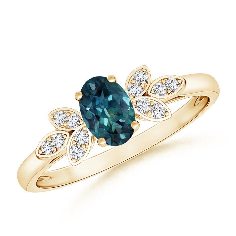 6x4mm AAA Vintage Style Oval Teal Montana Sapphire Ring with Diamond Accents in Yellow Gold 