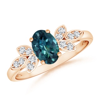 7x5mm AAA Vintage Style Oval Teal Montana Sapphire Ring with Diamond Accents in 10K Rose Gold