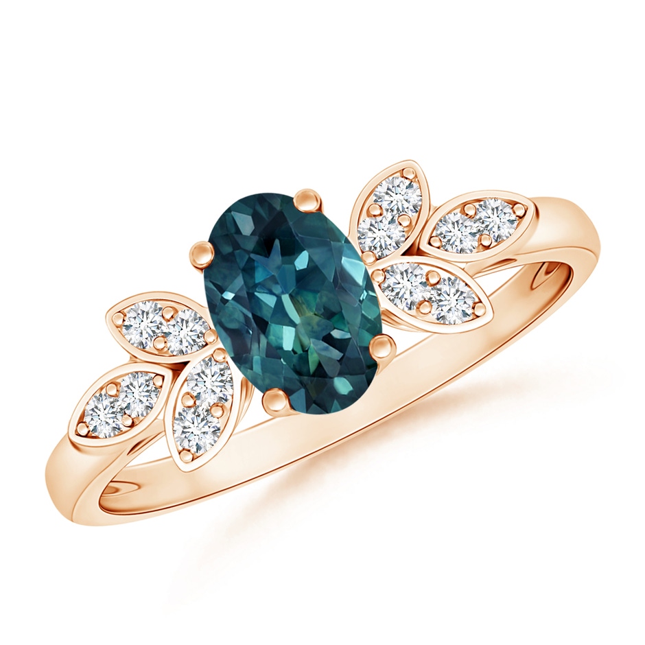 7x5mm AAA Vintage Style Oval Teal Montana Sapphire Ring with Diamond Accents in Rose Gold 