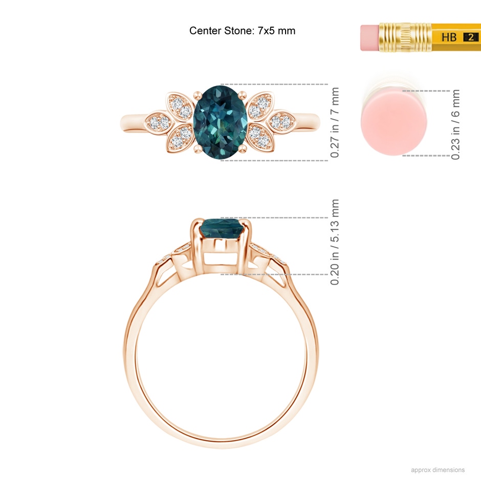 7x5mm AAA Vintage Style Oval Teal Montana Sapphire Ring with Diamond Accents in Rose Gold ruler