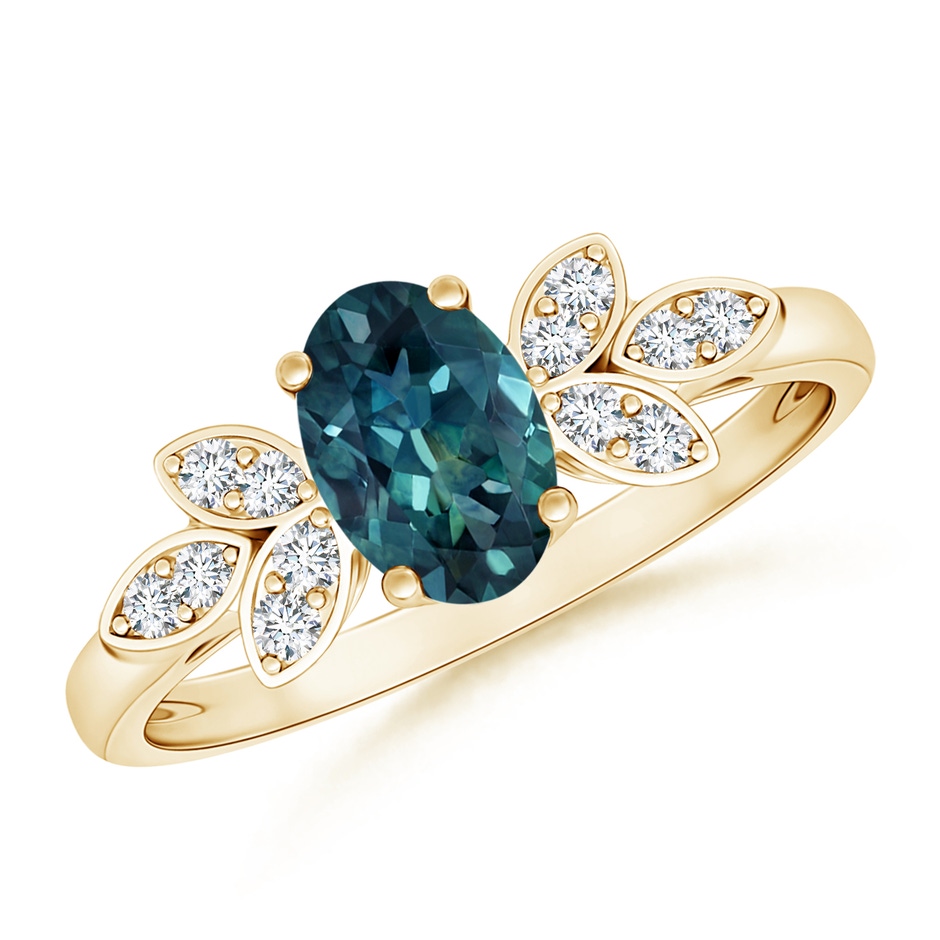 7x5mm AAA Vintage Style Oval Teal Montana Sapphire Ring with Diamond Accents in Yellow Gold 