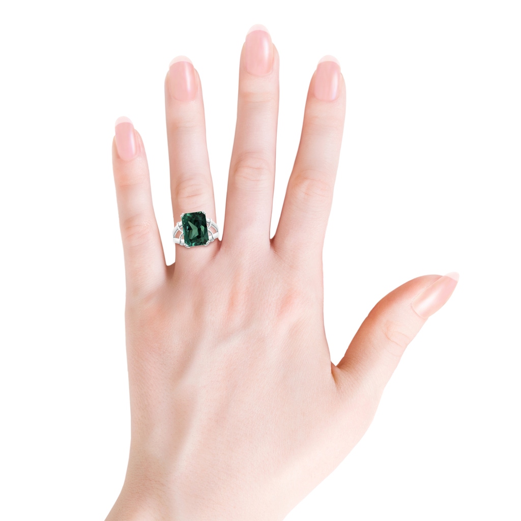 13.82x11.58x10.49mm AAAA GIA Certified Octagonal Green Sapphire (Teal) Split Shank Ring in White Gold Body-Hand