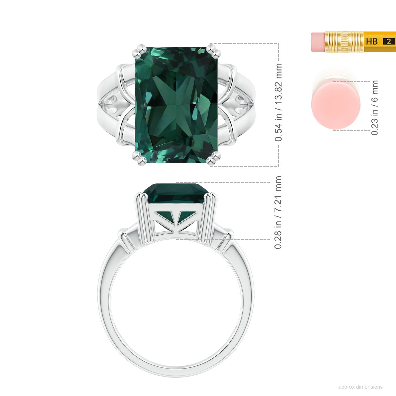 13.82x11.58x10.49mm AAAA GIA Certified Octagonal Teal Colour Sapphire Split Shank Ring in White Gold - ruler