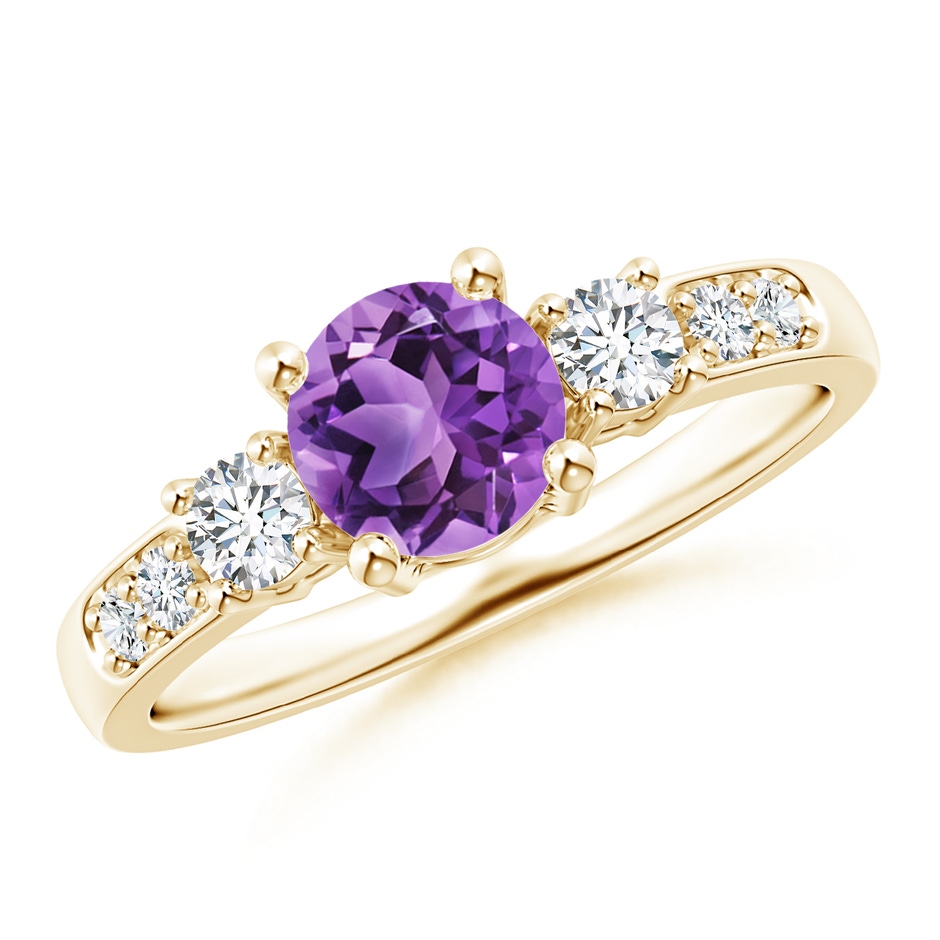 6mm AA Three Stone Amethyst and Diamond Ring in 18K Yellow Gold 