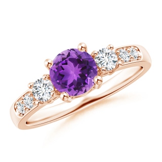 6mm AAA Three Stone Amethyst and Diamond Ring in 10K Rose Gold