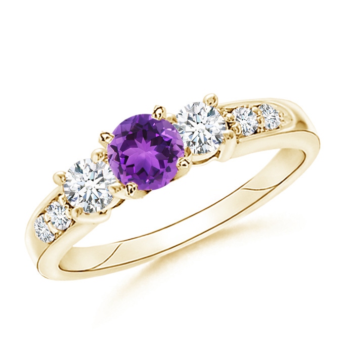 6mm AAA Three Stone Amethyst and Diamond Ring in 10K Yellow Gold