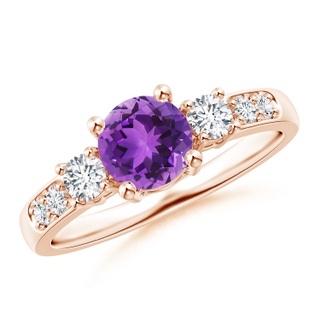 6mm AAA Three Stone Amethyst and Diamond Ring in Rose Gold