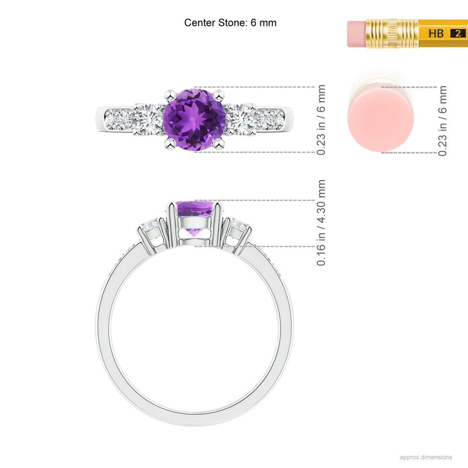 6mm AAA Three Stone Amethyst and Diamond Ring in White Gold ruler