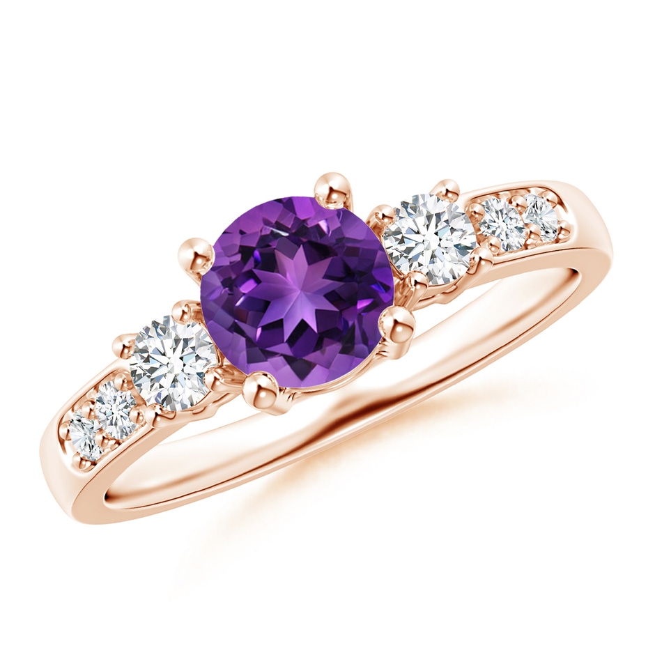 6mm AAAA Three Stone Amethyst and Diamond Ring in 18K Rose Gold 