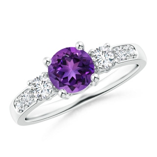 6mm AAAA Three Stone Amethyst and Diamond Ring in White Gold