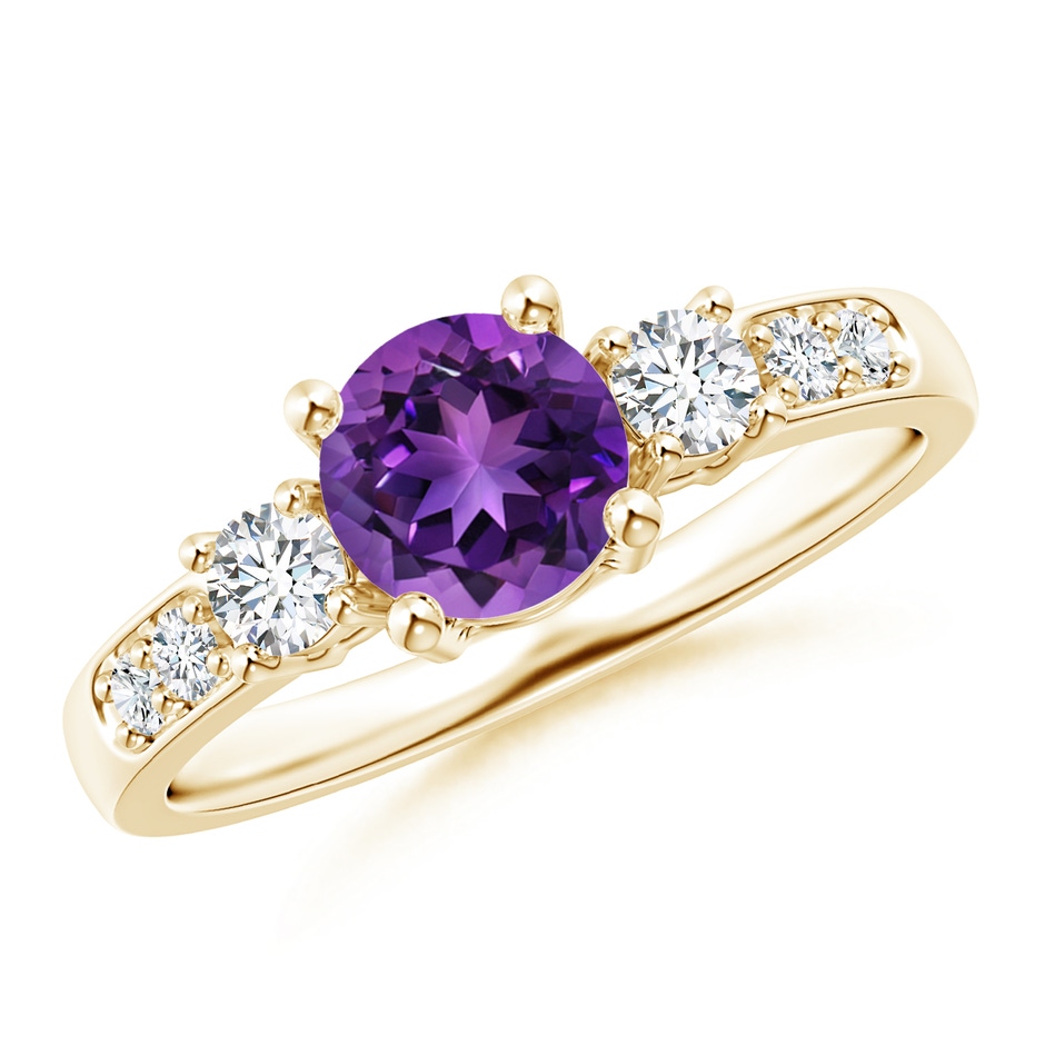 6mm AAAA Three Stone Amethyst and Diamond Ring in Yellow Gold 