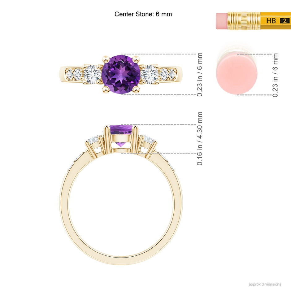 6mm AAAA Three Stone Amethyst and Diamond Ring in Yellow Gold ruler