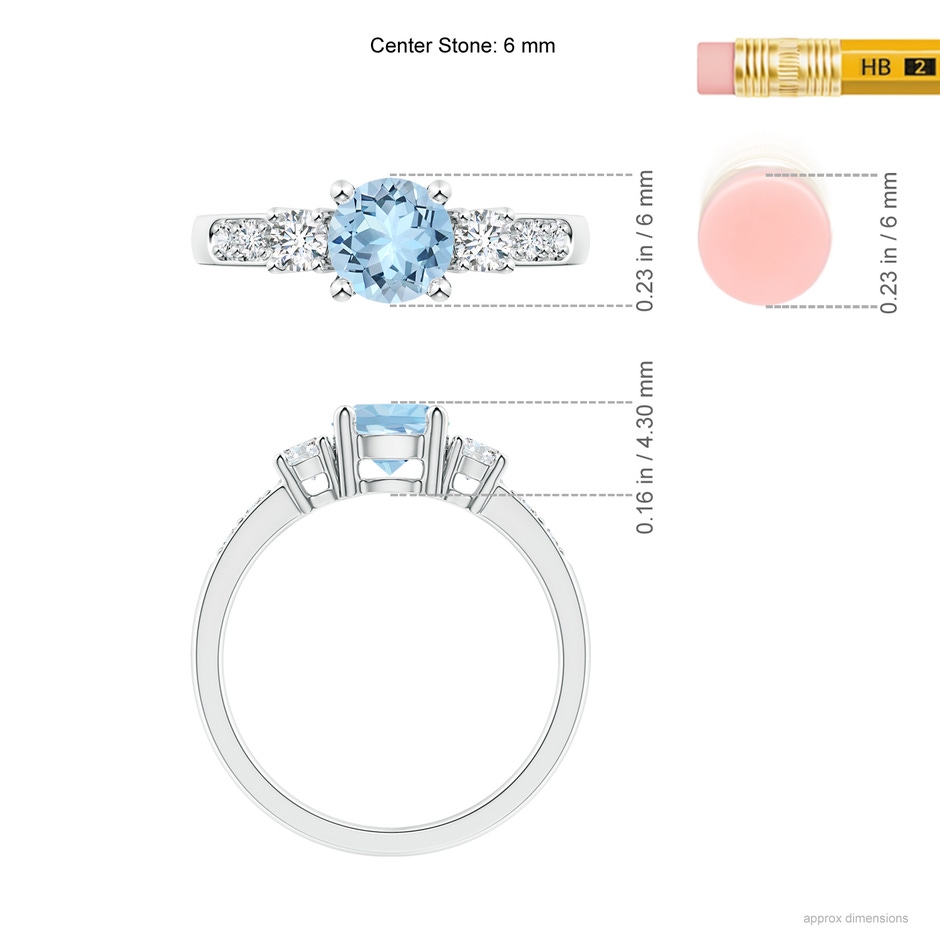 6mm AAA Three Stone Aquamarine and Diamond Ring in White Gold ruler