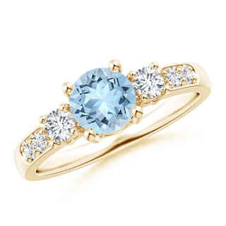 6mm AAA Three Stone Aquamarine and Diamond Ring in Yellow Gold