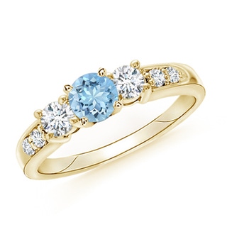 6mm AAAA Three Stone Aquamarine and Diamond Ring in 9K Yellow Gold