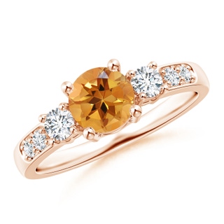 6mm AA Three Stone Citrine and Diamond Ring in Rose Gold