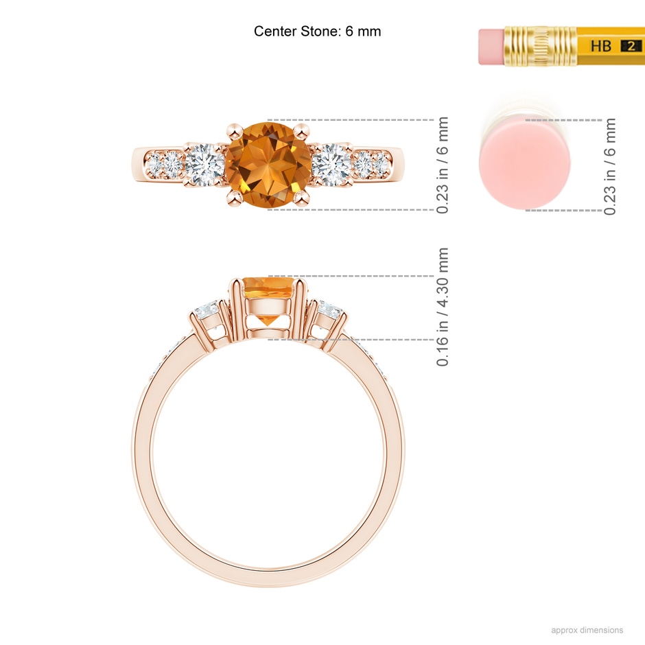 6mm AAA Three Stone Citrine and Diamond Ring in Rose Gold Ruler