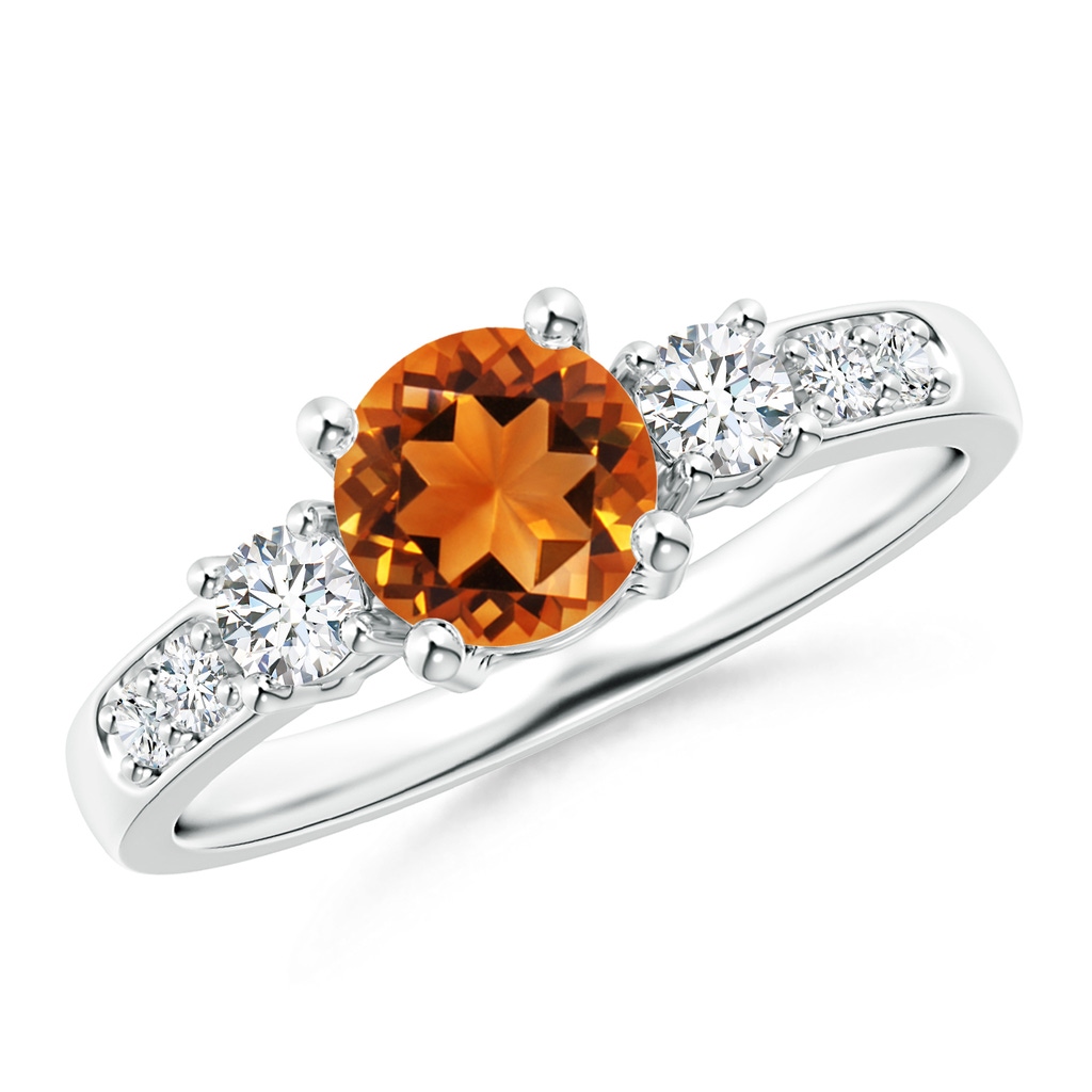 6mm AAAA Three Stone Citrine and Diamond Ring in White Gold