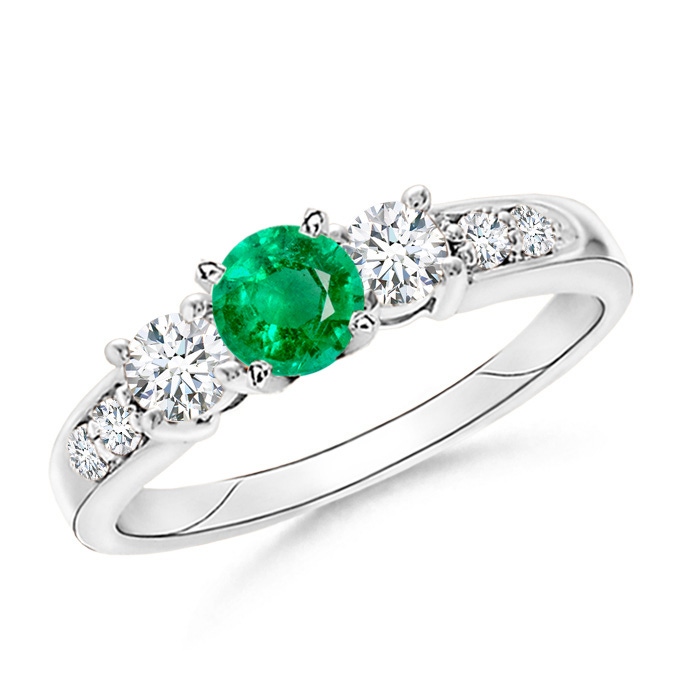 6mm AAA Three Stone Emerald and Diamond Ring in White Gold