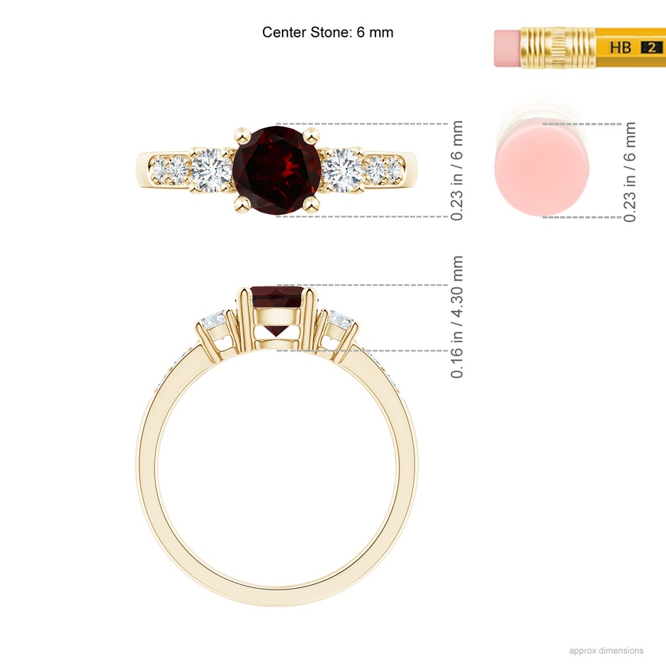 6mm A Three Stone Garnet and Diamond Ring in Yellow Gold ruler