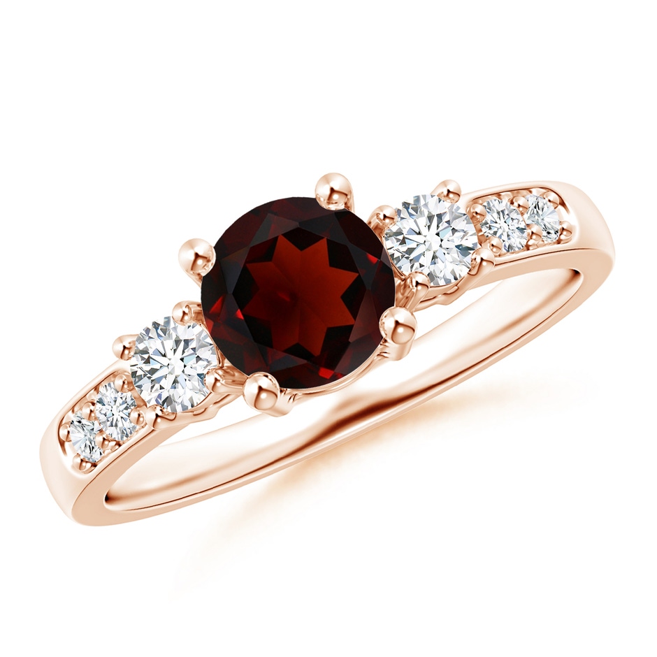 6mm AA Three Stone Garnet and Diamond Ring in Rose Gold 