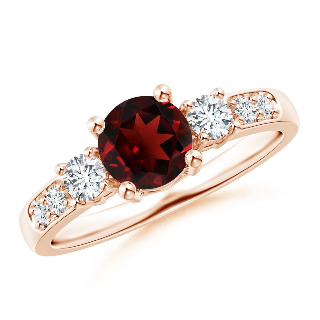 6mm AAA Three Stone Garnet and Diamond Ring in Rose Gold 