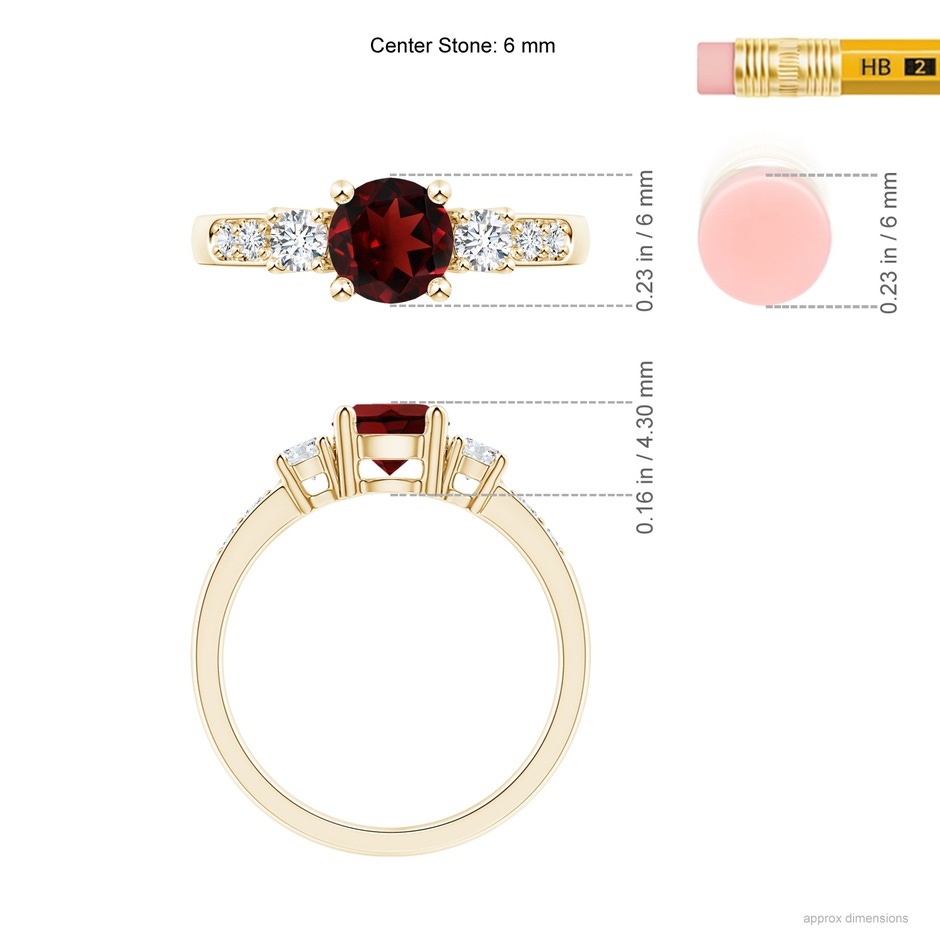 6mm AAA Three Stone Garnet and Diamond Ring in Yellow Gold ruler
