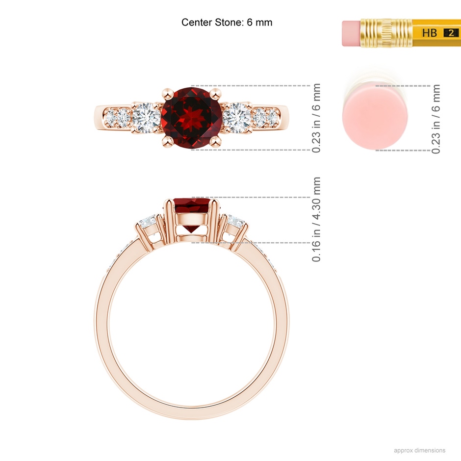 6mm AAAA Three Stone Garnet and Diamond Ring in Rose Gold ruler