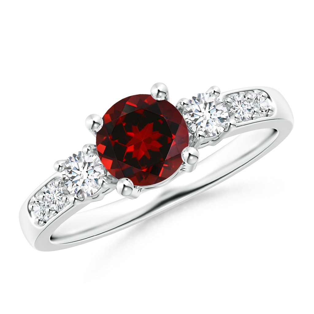 6mm AAAA Three Stone Garnet and Diamond Ring in White Gold